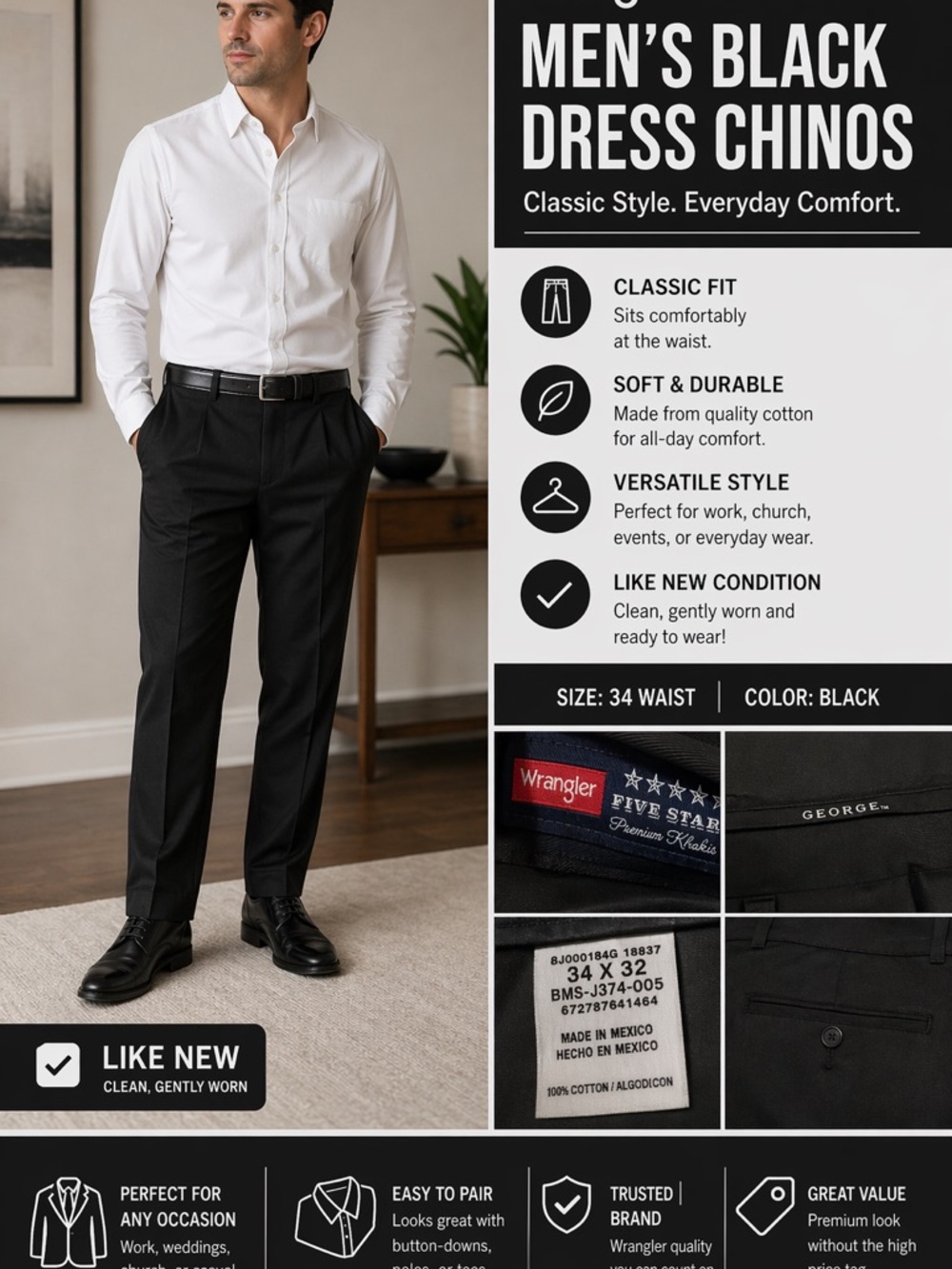 Wrangler Men’s Black Dress Pants 34x32 – Classic Fit – Like New